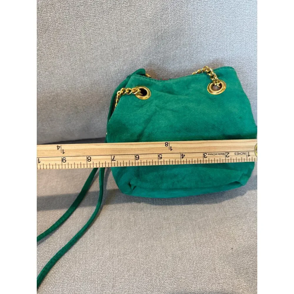 Nine West Crossbody Bag‎ Women Green Suede Drawstring Chain Strap Gold Hardware